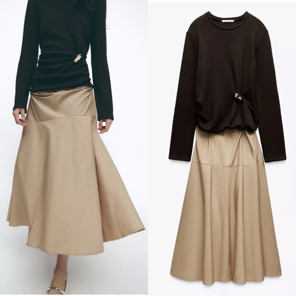 ZARA Clasp Combination Maxi Dress Sz L Brown Sweater Top Tan Skirt NWT Neutral